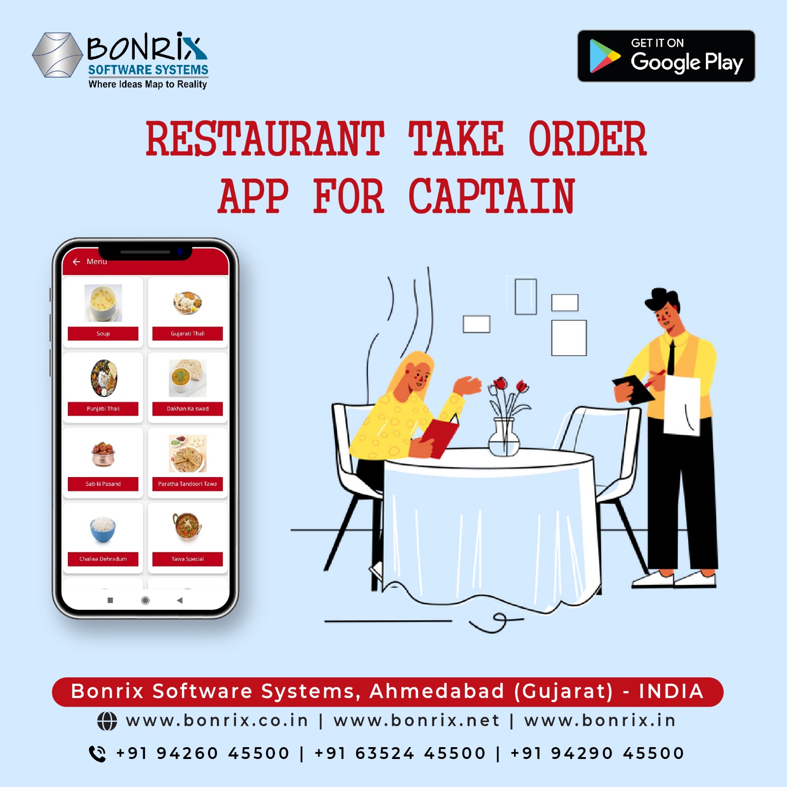 Restaurant Take Order App for Captain interface showing order and billing features